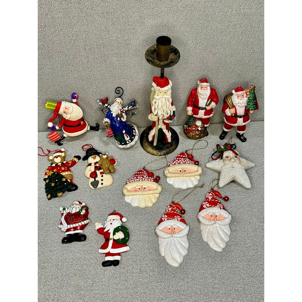 Lot/14 Santa Christmas Ornaments & candlestick snowman Holiday Decor clay resin